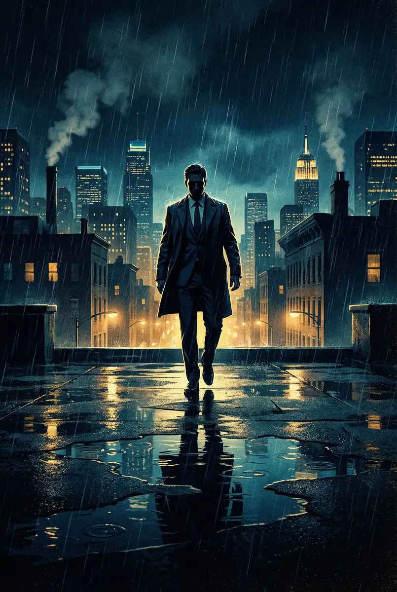 不一样的本能 出品影片《雨夜独行者》海报，雨中城市屋顶男性剪影